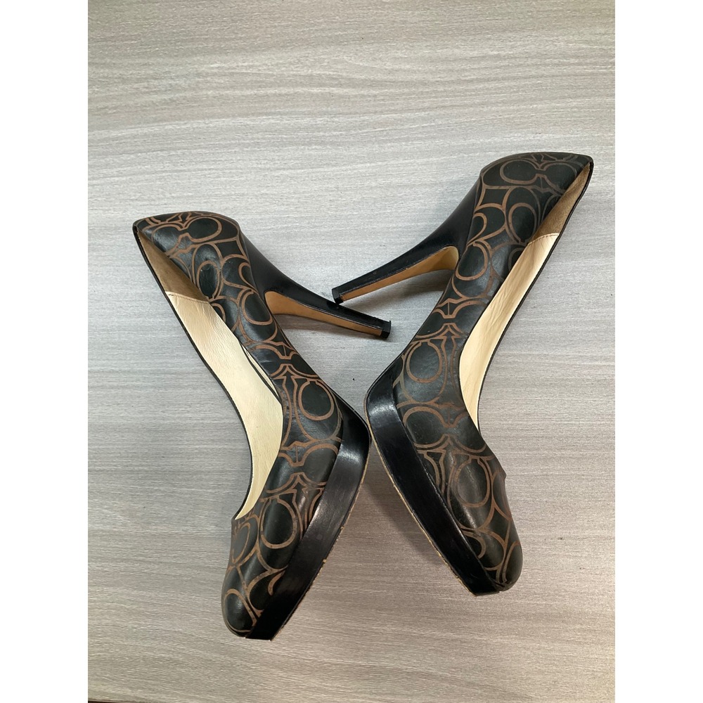 COACH BASIL BLACK AND WHISKEY LOGO HEELS - Picture 9 of 15